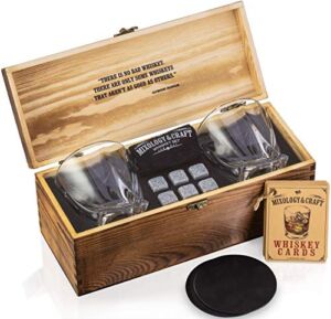 Mixology & Craft Whiskey Stones Gift Set – Pack of 6 Granite Chilling Rocks w/ 2 10 oz Old Fashioned Glasses in Wooden Box – Whiskey Gifts for Men on Birthday, Father’s Day or Christmas
