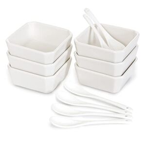 FAMHH 6 Oz White Porcelain Serving Bowls Set – 6 Small Bowls and 6 Serving Spoons – Sturdy, Oven- and Dishwasher-Safe Ceramic Condiment Cups for Sauces , Desserts and Appetizers