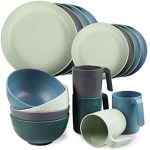 Shopwithgreen Plastic Dinnerware Sets (16PCS) – Lightweight & Unbreakable Dinnerware Set – Microwave Safe Plates Set, Bowls, Cups Mugs, Service for 4, Great for Kids & Adult (Round)