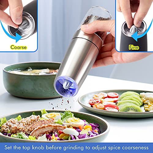 Gravity Electric Salt and Pepper Grinder Mill [Set of 2] with Blue LED Light. Flip to Grind. One Hand Operation, Adjustable Coarseness. Includes Stand, Spoon and Brush. Automatic Battery Powered | The Storepaperoomates Retail Market - Fast Affordable Shopping