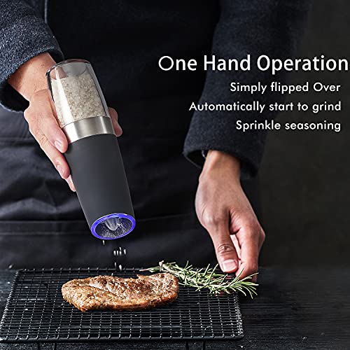 Gravity Electric Salt and Pepper Grinder Mill [Set of 2] with Blue LED Light. Flip to Grind. One Hand Operation, Adjustable Coarseness. Includes Stand, Spoon and Brush. Automatic Battery Powered | The Storepaperoomates Retail Market - Fast Affordable Shopping