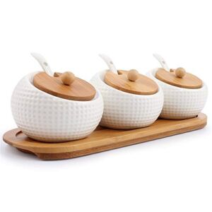 Porcelain Condiment Jar Spice Container with Lids – Bamboo Cap Holder Spot, Ceramic Serving Spoon, Wooden Tray – Best Pottery Cruet Pot for Your Home, Kitchen, Counter. White,170 ML (5.8 OZ), Set of 3