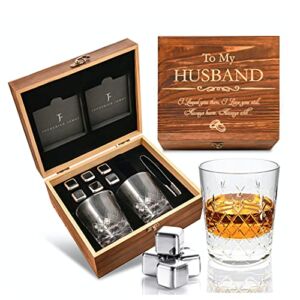 Wedding Anniversary for Him, Anniversary for Husband from Wife – Crystal Whiskey Glass Set -Engraved ‘To My Husband’ inc. Box, Cooling Stones – for 1 2 3 4 5 6 7 8 9 10 Year Anniversary