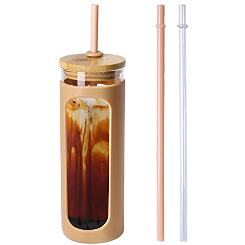 Kodrine 24 oz Glass Water Bottle with Bamboo Straw and Lid, Wide Mouth Water Tumbler,Straw Silicone Protective Sleeve BPA FREE-Amber | The Storepaperoomates Retail Market - Fast Affordable Shopping