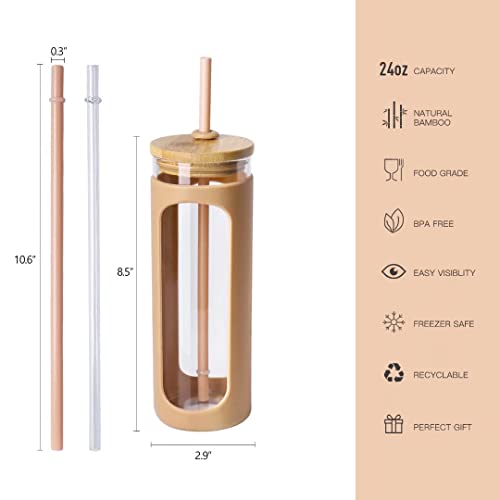 Kodrine 24 oz Glass Water Bottle with Bamboo Straw and Lid, Wide Mouth Water Tumbler,Straw Silicone Protective Sleeve BPA FREE-Amber | The Storepaperoomates Retail Market - Fast Affordable Shopping