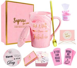 Homsolver Birthday Gifts for Women- Not A Day Over Fabulous Mug- Thank You Gifts For Women- Funny Pink Gift Set Ideas for Her,Friends, Wife, Mom, Daughter, Sister, Ceramic Marble Coffee Tea Mug 14 Oz