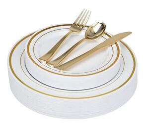 125-Piece White and Gold Fancy Plastic Plates Disposable with Silverware, Elegant Dinnerware for Weddings, Holiday Party China, Set of 25 Dinner + Salad Plates, 25 Spoons, 25 Forks, 25 Knives