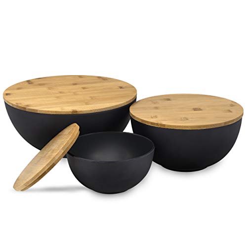Salad Bowl with Lid – Large Salad Bowl Set of 3 with Wooden Lids, Bamboo Fibre like Melamine Mixing Bowl & Storage Set for Serving Salad, Salad Serving Bowl Set for Pasta, Popcorn, Chips, Dips & Bread | The Storepaperoomates Retail Market - Fast Affordable Shopping
