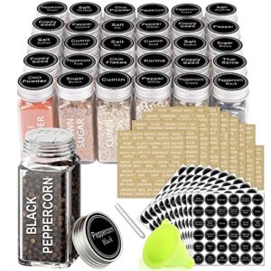 SWOMMOLY 30 Glass Spice Jars 4oz/Square Spice Bottles with 703 Spice Labels, Empty Spice Containers with Pour/sift Shaker Lid, Airtight Cap, Chalk Marker and Funnel Complete Set
