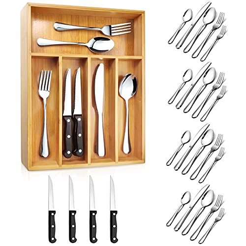 Teivio 24-Piece Silverware Set, Flatware Set Mirror Polished, Dishwasher Safe Service for 4, Include Knife/Fork/Spoon with Bamboo Silverware Drawer Organizer | The Storepaperoomates Retail Market - Fast Affordable Shopping