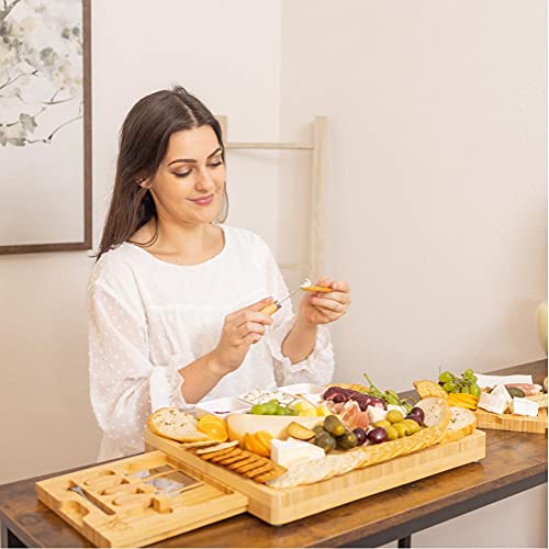 XcE Bamboo Cheese Board and Charcuterie Board with Knife Set, 16 x 13 x 1.5 inch, Include Extra Round Fruit Plate – Gift for Men, Women, Mother, Housewarming | The Storepaperoomates Retail Market - Fast Affordable Shopping