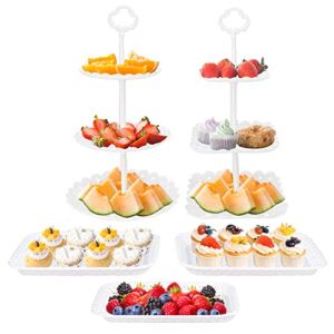 FEOOWV 2pcs 3 Tier Round &3pcs Rectangle Serving Trays, Plastic Party Cake Stand and Cupcake Holder Fruits Dessert Display Plate Table Decoration for Wedding Birthday Party Celebration(Set of 5pcs)