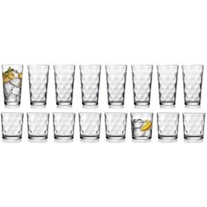 Drinking Glasses Set Of 16 – By Home Essentials & Beyond – 8 Highball Glasses (17 oz.), 8 Rocks Whiskey Glass cups (13 oz.), Inner Circular Lensed Kitchen Glass Cups for Water, Juice and Cocktails.