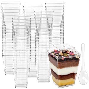 Colovis 5oz Dessert Cups, 100 Pack Square Clear Plastic Appetizer Cups with Lids and Spoons Parfait Cups for Parties (100)