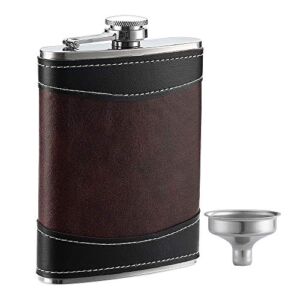 YWQ Premium 1 Pack 8 Oz Hip Flask for Liquor Soft Touch Leather Wrap with Funnel ,18/8 Stainless Steel Highest Food Grade Leak Proof Classic Flask