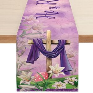 Sambosk He is Risen Easter Table Runner, Spring Easter Egg Lily Floral Farmhouse Table Runners for Kitchen Dining Coffee or Indoor and Outdoor Home Parties Decor 13 x 72 Inches SK066