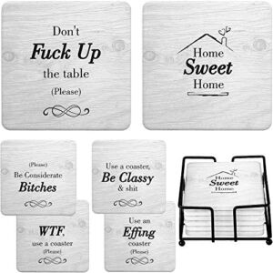Funny Coasters for Drinks Absorbent with Holder – 6 Pcs Novelty Gifts Set – 6 Sayings – Unique Present for Friends, Men, Women, Housewarming, Birthday, Living Room Decor, White Elephant, Holiday Party