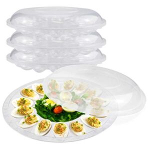 [3 Pack] Deviled Egg Tray with Lid – 12″ 15 Slot Round Clear Plastic Deviled Egg Carrier with Dome Lid – Durable Polystyrene Disposable Reusable Container for Pickled Stuffed Eggs and Serving Starters