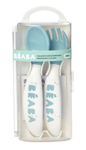 BEABA Second Stage Ergonomic Baby Cutlery, Spoon & Fork with Travel Case, Peacock