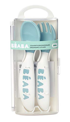 BEABA Second Stage Ergonomic Baby Cutlery, Spoon & Fork with Travel Case, Peacock | The Storepaperoomates Retail Market - Fast Affordable Shopping