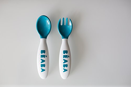 BEABA Second Stage Ergonomic Baby Cutlery, Spoon & Fork with Travel Case, Peacock | The Storepaperoomates Retail Market - Fast Affordable Shopping