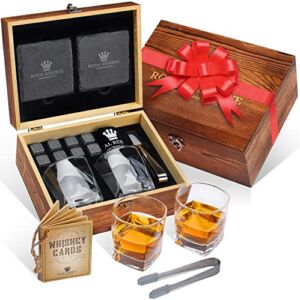 Royal Reserve Whiskey Stones Gift Set Artisan Crafted Chilling Rocks Scotch Bourbon Glasses and Slate Table Coasters – Gift for Guy Men Dad Boyfriend Anniversary or Retirement Regalos para Hombre