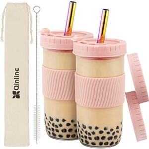 Reusable Boba Cup Bubble Tea Cup 2 Pack, 24Oz Wide Mouth Smoothie Cups with Lids Straws Silicone Sleeve, Leakproof Glass Mason Jars Drinking Water Bottle Travel Tumbler for Large Pearl Christmas Gifts