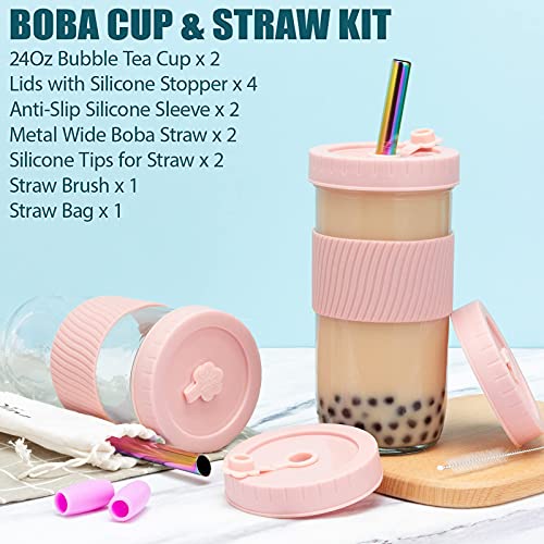 Reusable Boba Cup Bubble Tea Cup 2 Pack, 24Oz Wide Mouth Smoothie Cups with Lids Straws Silicone Sleeve, Leakproof Glass Mason Jars Drinking Water Bottle Travel Tumbler for Large Pearl Christmas Gifts | The Storepaperoomates Retail Market - Fast Affordable Shopping