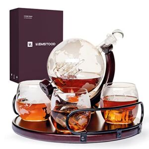 Kemstood Whiskey Decanter Set with Wooden Base – Etched World Globe Whiskey Decanter Sets for Men with 4 Glasses in Gift Box – Whiskey Gifts for Men – Home Bar Accessories for Alcohol Drinks and Vodka