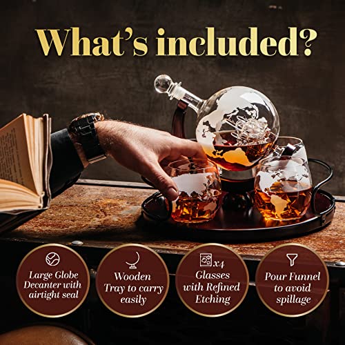 Kemstood Whiskey Decanter Set with Wooden Base – Etched World Globe Whiskey Decanter Sets for Men with 4 Glasses in Gift Box – Whiskey Gifts for Men – Home Bar Accessories for Alcohol Drinks and Vodka | The Storepaperoomates Retail Market - Fast Affordable Shopping