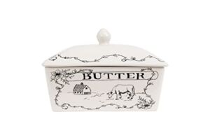 Country Stoneware Butter Dish with Lid, “Spread the Love” Message, and Farm Line Drawing, White and Black