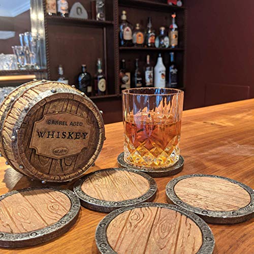 5pc Whiskey Bourbon Barrel Drink Coasters, Unique Bar Decor & Accessories, Beer & Whiskey Glass Coaster – Home Decorations for Dining Room or Home Bar – Modern Coaster Set with Holder for Man Cave | The Storepaperoomates Retail Market - Fast Affordable Shopping