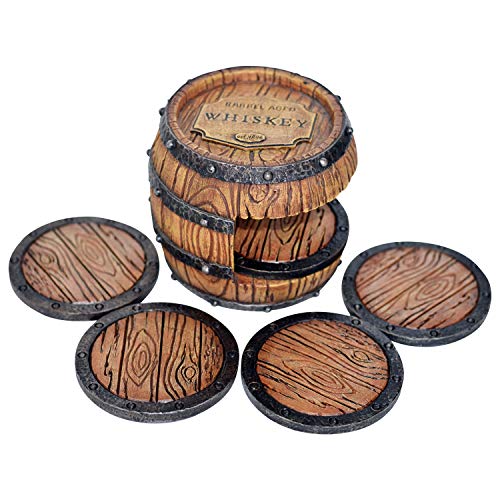 5pc Whiskey Bourbon Barrel Drink Coasters, Unique Bar Decor & Accessories, Beer & Whiskey Glass Coaster – Home Decorations for Dining Room or Home Bar – Modern Coaster Set with Holder for Man Cave | The Storepaperoomates Retail Market - Fast Affordable Shopping