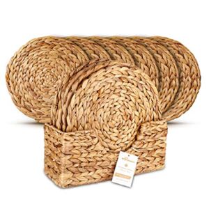 Wovanna Woven Placemats for Dining Table – Set of 6 Adorable Thick Rustic Round Kitchen Placemats with Decorative Tall Holder Ð All Natural Wicker Tablemats Hand-Braided from Water Hyacinth, 11.8″