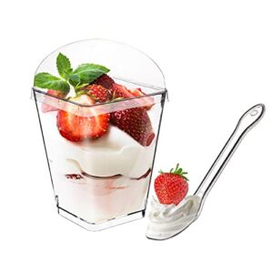Monrocco 100 Pack 5 oz Dessert Cups with Lids and Spoons, Tall Appetizer Cups Clear Plastic Parfait Cups, Dessert Shot Glasses for Baby Shower Party, Wedding, Birthday Party