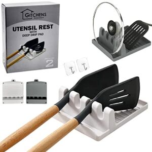 Gitchens Premium Utensil And Spoon Rest with Deep Drip Pad And Pot Lid Holder | Utensils And Spoons Cooking Stand for a Clean Grill, Stove And Kitchen | 2 Pack (White And Grey) with Hanging Hooks