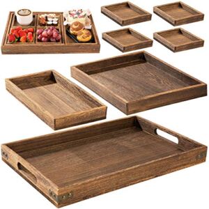 Rustic Wooden Serving Trays with Handle – Set of 7 – Large, Medium, Small and Mini – Nesting Multipurpose Trays – for Breakfast, Coffee Table/Butler & More – Light & Sturdy Paulownia Wood