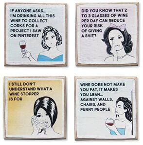 4 Funny Wine Coasters Set & Holder – Funny Gifts for Women – Cool Wine Gift for Women – Housewarming Gifts for Wine Lovers – Wine Accessories