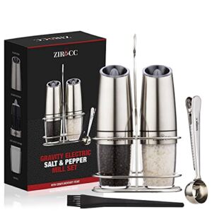 Gravity Electric Pepper and Salt Grinder Set, Battery Powered with LED Light, Adjustable Coarseness, One Hand Automatic Operation, Stainless Steel 2 Pack, Great for Arthritis & Dexterity issues