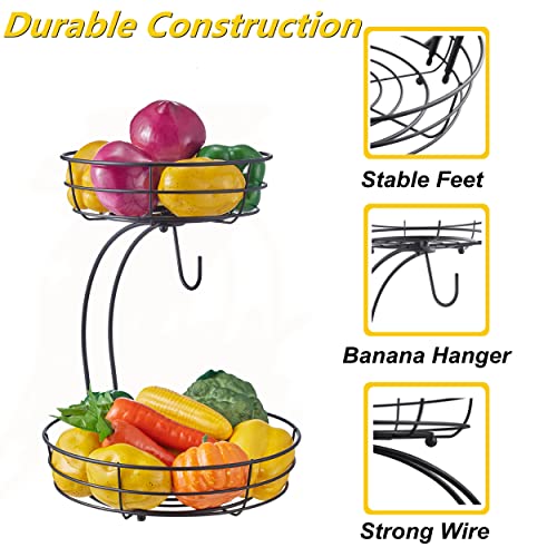 Fruit Basket for Kitchen, 2 Tier Fruit Basket with Banana Hanger, Black Detachable Fruit Bowl for Kitchen Counter, Housen Solutions | The Storepaperoomates Retail Market - Fast Affordable Shopping