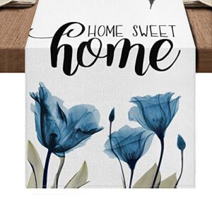Blue Tulip Table Runner: Home Sweet Home Tabletop Cloth Dinning Room Decor – Blue Tulip Flower Decorative Seasonal Holiday Kitchen Dinning Home Decoration 13″ x 72″