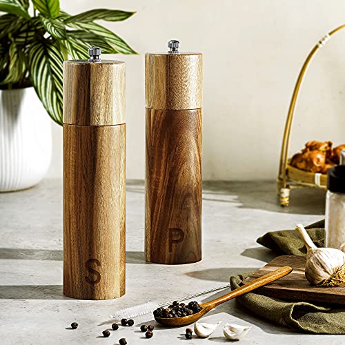Wooden Salt and Pepper Grinder Set – Acacia Wood Pepper Mill & Salt Grinder with Adjustable Coarseness – Adding Wood Spoon and Cleaner Tool – Perfect Salt and Pepper Shakers Gift (8 ” Acacia) | The Storepaperoomates Retail Market - Fast Affordable Shopping