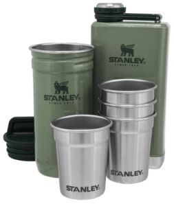 Stanley Stainless Steel Shot Glass and Flask Gift Set, Outdoor Adventure Pack with 4 Metal Shot Glasses, 8oz Whisky Flask, and Travel Carry Case, Best Outdoorsmen and Camping Gift for Men