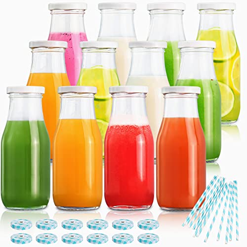 YEBODA 11oz Glass Milk Bottles with Reusable Metal Twist Lids and Straws for Beverage Glassware and Drinkware Parties, Weddings, BBQ, Picnics, Set of 12 | The Storepaperoomates Retail Market - Fast Affordable Shopping