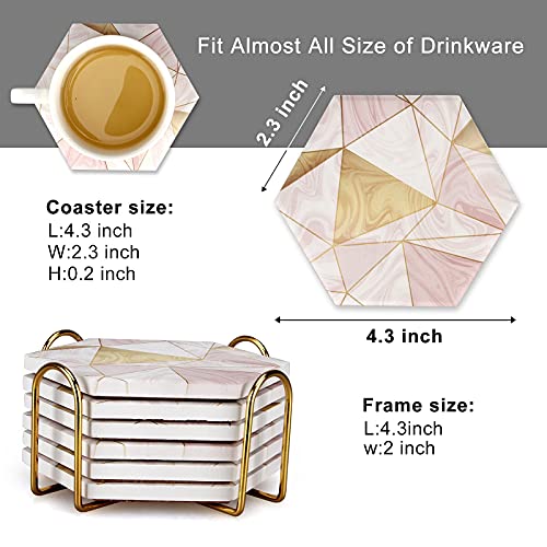 6 Pcs Pink Marble Coasters with Holder Gold Absorbent Drink Coasters Hexagon Cute Ceramic Table Coaster Set Decorative Bar Wine Coasters Coffee Cup Coasters | The Storepaperoomates Retail Market - Fast Affordable Shopping