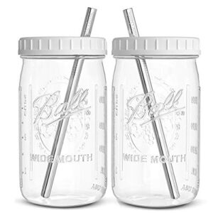 Reusable Wide Mouth Smoothie Cups Boba Tea Cups Bubble Tea Cups with Lids and Silver Straws Mason Jars Glass Cups (2-pack, 32 oz mason jars) Brand Capsule Classic