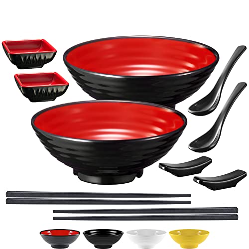 Unbreakable Ramen Bowl Set with Chopsticks and Spoon: 2 large Japanese Style Melamine Ramen Bowls, Dipping Bowls and Chopstick Stands for Asian Pho Soup Thai Miso Udon Wonton (2 Bowl Set, Red-Black) | The Storepaperoomates Retail Market - Fast Affordable Shopping