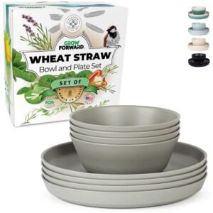 Grow Forward Premium Wheat Straw Dinnerware Sets – 8 Piece Unbreakable Microwave Safe Dishes – Reusable Wheat Straw Plates and Bowls Sets – Wheat Straw Bowls for Cereal, Soup, Camping, RV – Feather