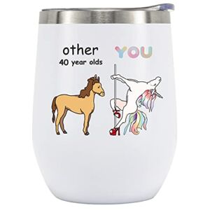 Crisky 40th Birthday Gifts for Women friends-40th bday gifts women-Funny Unicorn Wine Tumbler 12 OZ with Lid, Straw