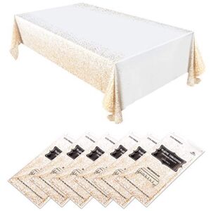 6 Pack Disposable White Plastic Tablecloth Set| Long 8ft Rectangular Length| Waterproof Table Covers for Indoor or Outdoor Events, Birthday Parties, Weddings or Graduations|Gold Design| 54 x 108 Inch